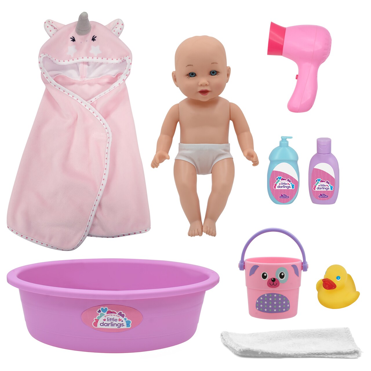 Little Darlings: Wash N' Play Baby Set - 12" Doll, Pink & Purple - 7pc Bath Care Toy Accessories, Unicorn Cover-Up Blanket, Hard Body, Kids-Toddler 2+